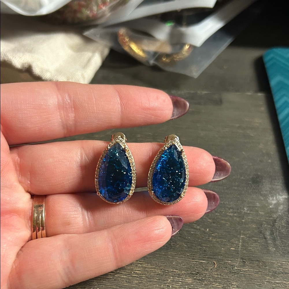 Royal Blue Teardrop Cracked Glass Earrings‎ with Gold Accents tiny crystal halo